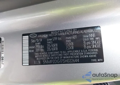 2025 Hyundai Santa Fe Hybrid Sel z USA, uszkodzony, nr VIN 5NMP2DG17SH022644